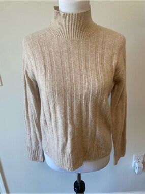 J.Crew Beige Wide-Rib Knit Mock Neck Turtleneck Sweater - Cozy Fall Basic